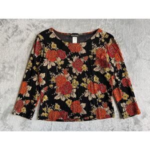 Vintage 90s Y2K Floral Top Large Black Mesh Floral Stretchy Whimsigoth Fairy‎